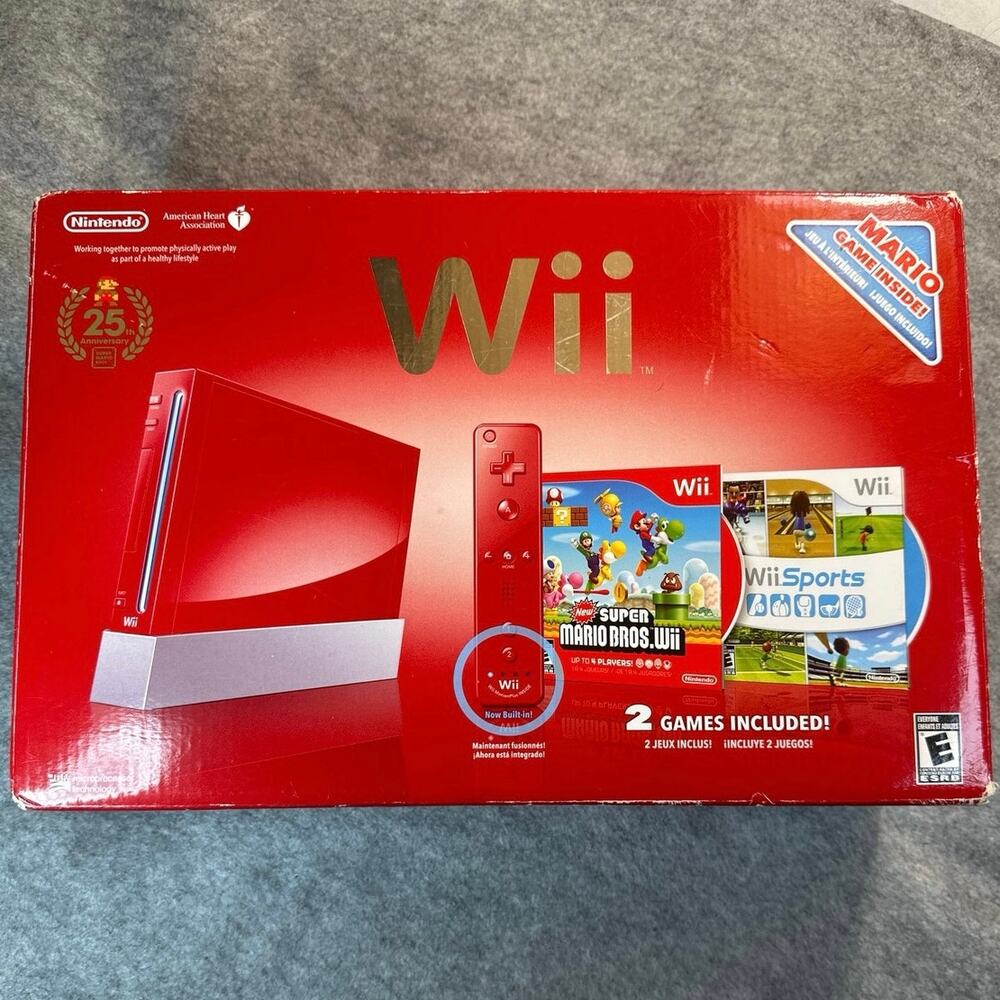 Nintendo Wii Red 25th Anniversary Console CIB Complete Box Mario Bros Wii Sports